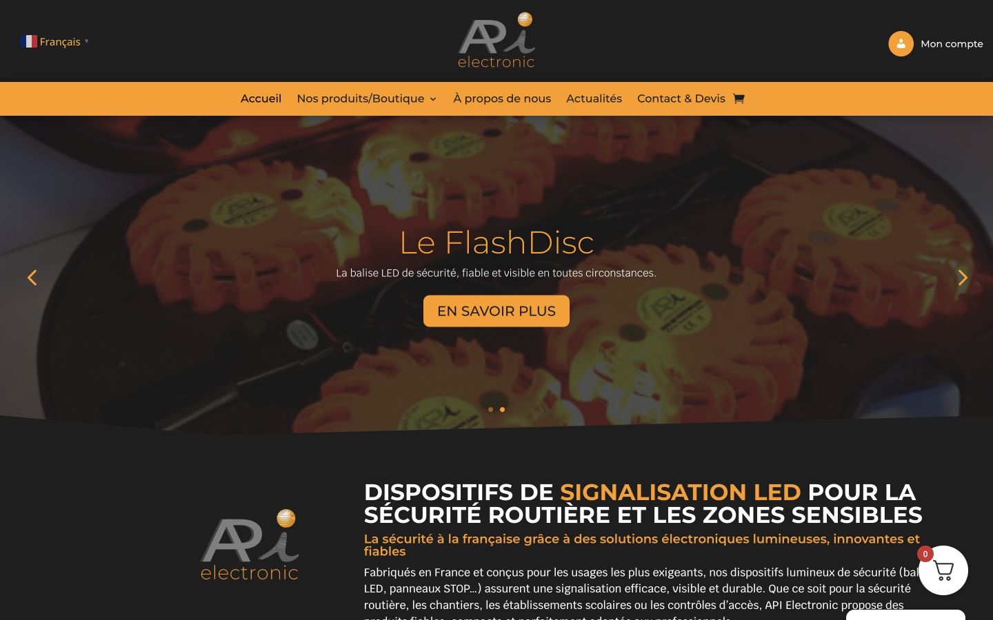 Page d’accueil API Electronics et exemples de signalisation lumineuse