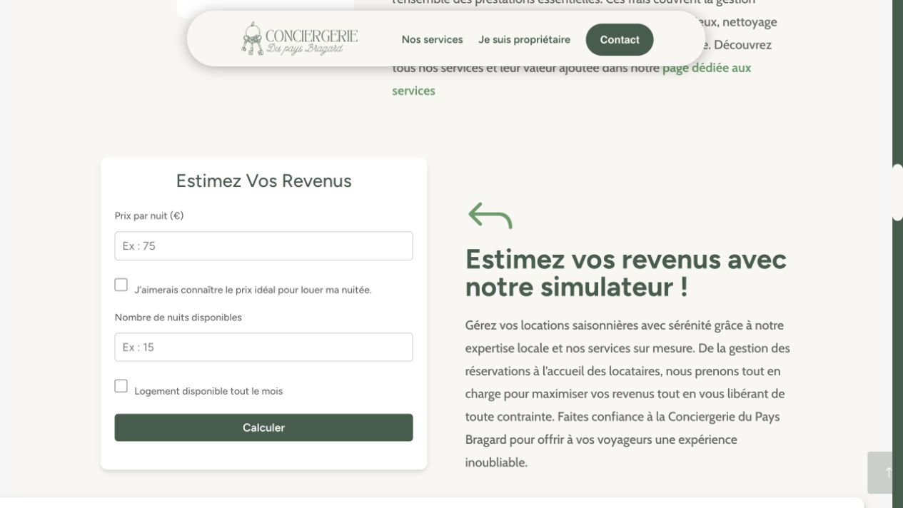 Interface livrée du simulateur de revenus de la Conciergerie du Pays Bragard