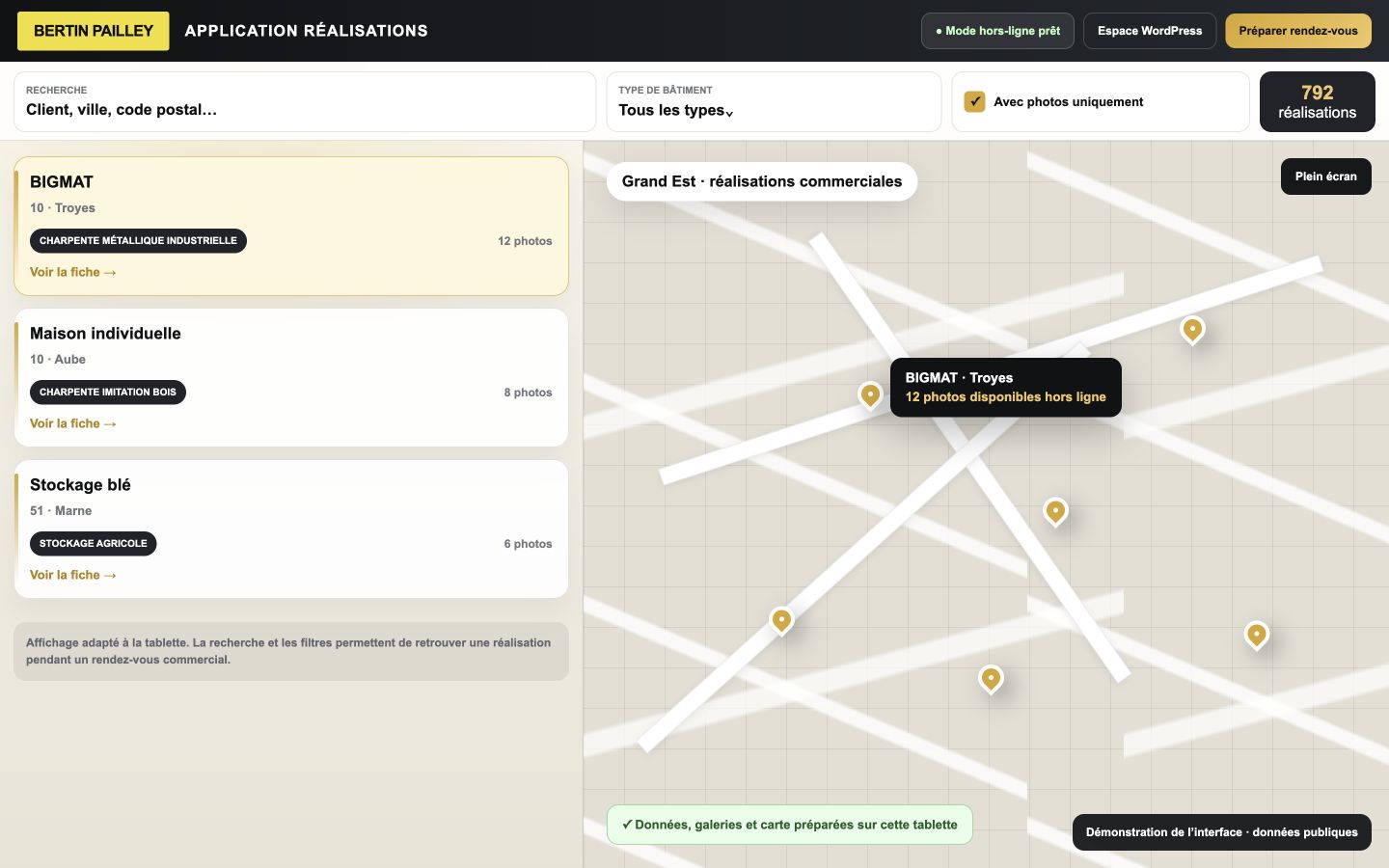 Démonstration de l’application tablette privée Bertin Réalisations avec recherche, liste, carte et mode hors ligne