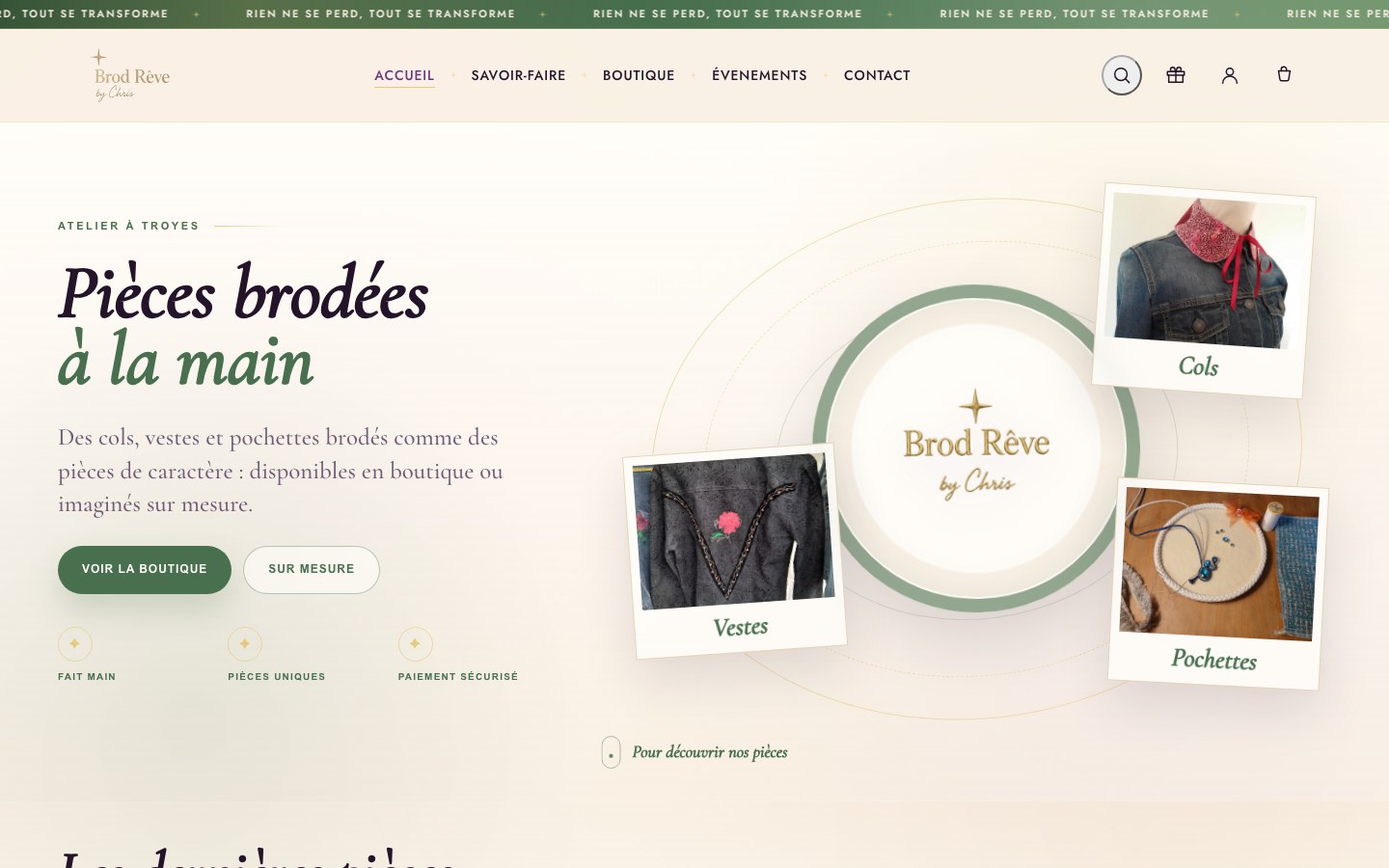 Accueil du staging Brod’Rêve by Chris et détails de broderie