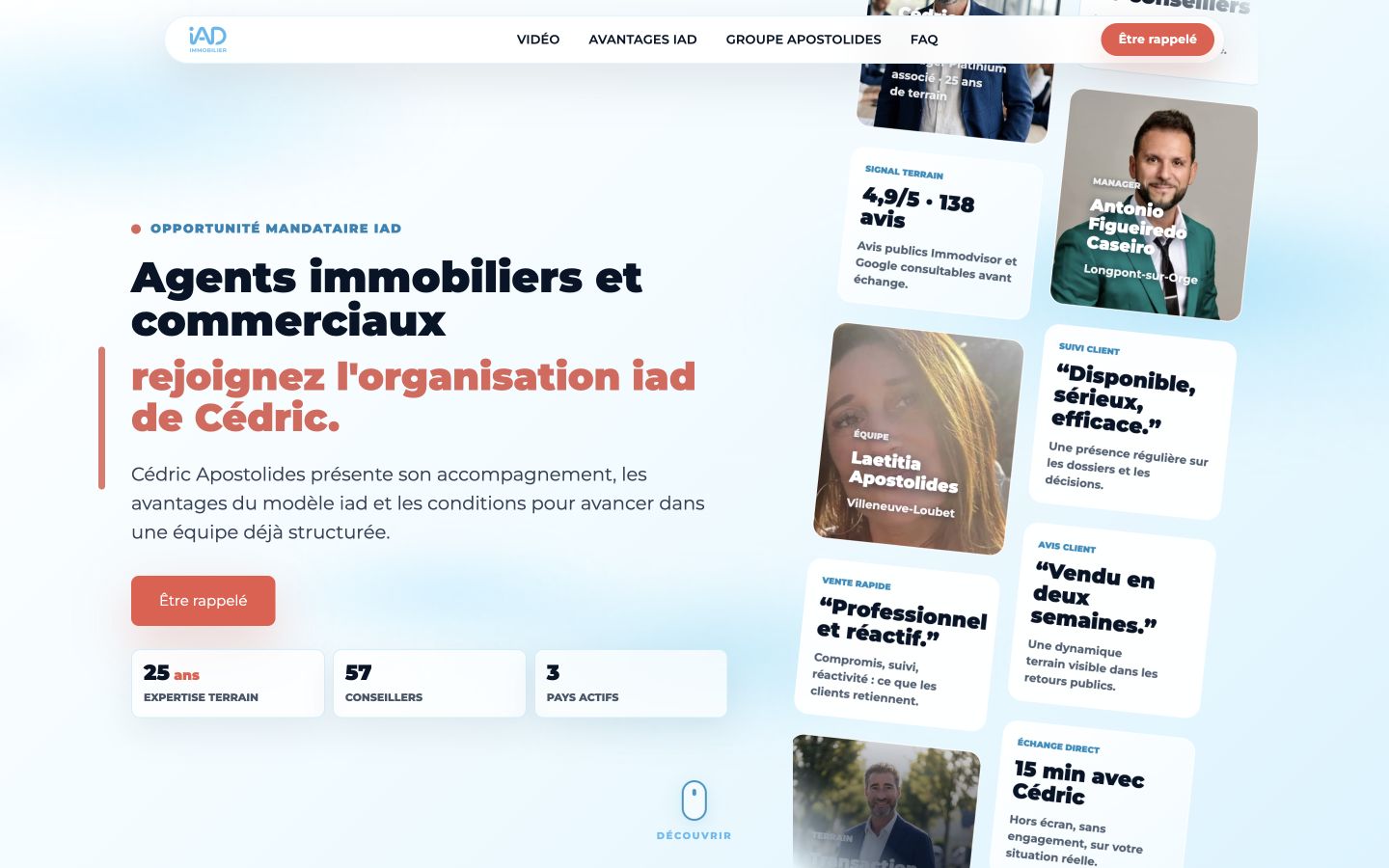 Premier écran public de la landing de recrutement de Cédric Apostolides