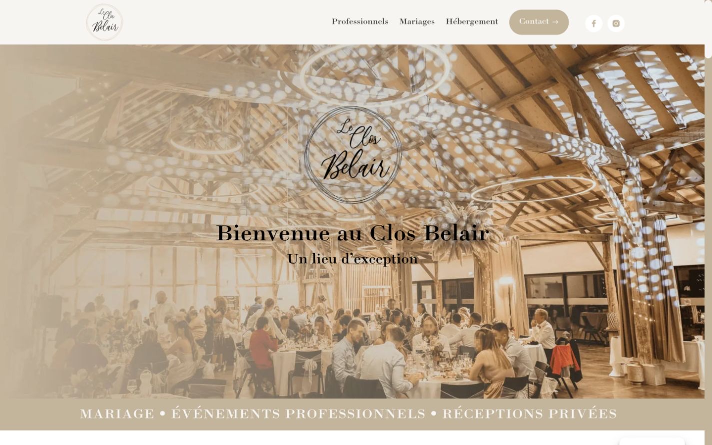 Page d’accueil du Clos Belair et ses usages mariage et professionnel