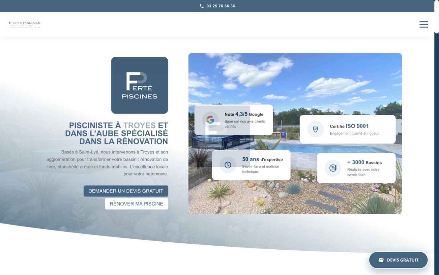 Page d’accueil Ferté Piscines et détails de deux réalisations