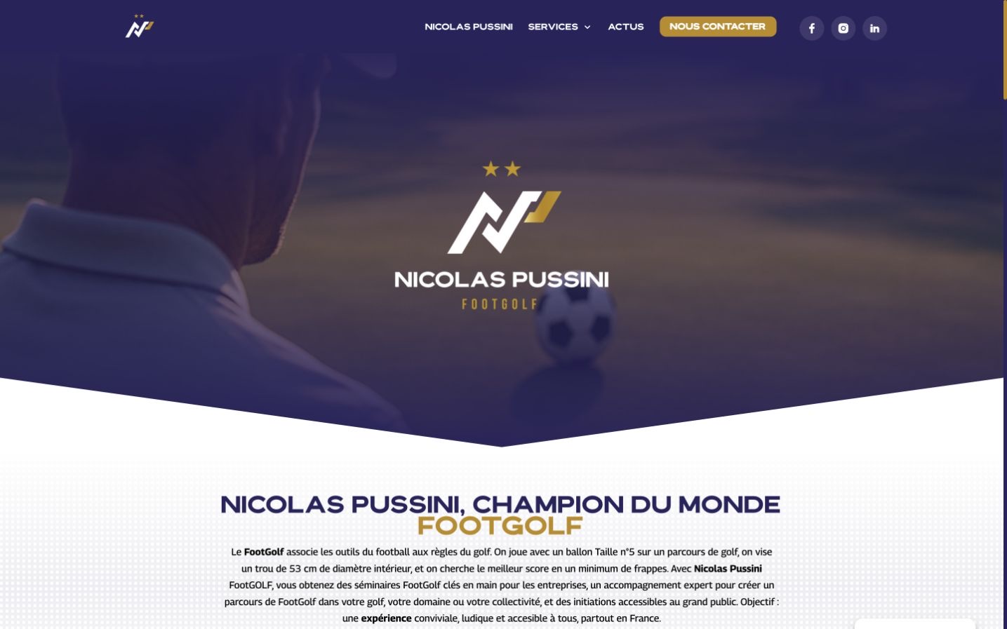 Page d’accueil Nicolas Pussini Footgolf, portrait du sportif et parcours