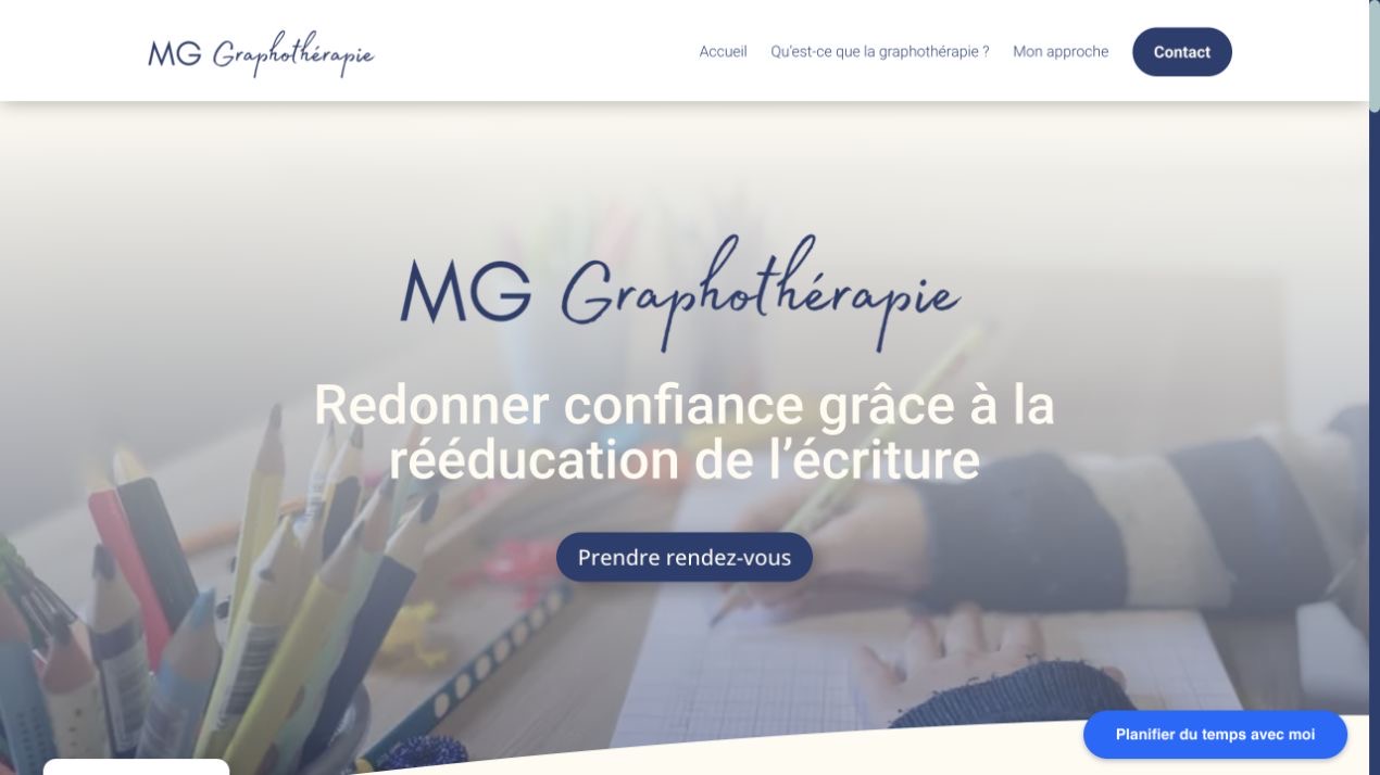 Page d’accueil MG Graphothérapie présentant les publics accompagnés et la prise de rendez-vous