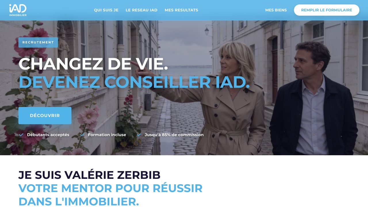 Landing page de recrutement iad de Valérie Zerbib et support de prospection livré