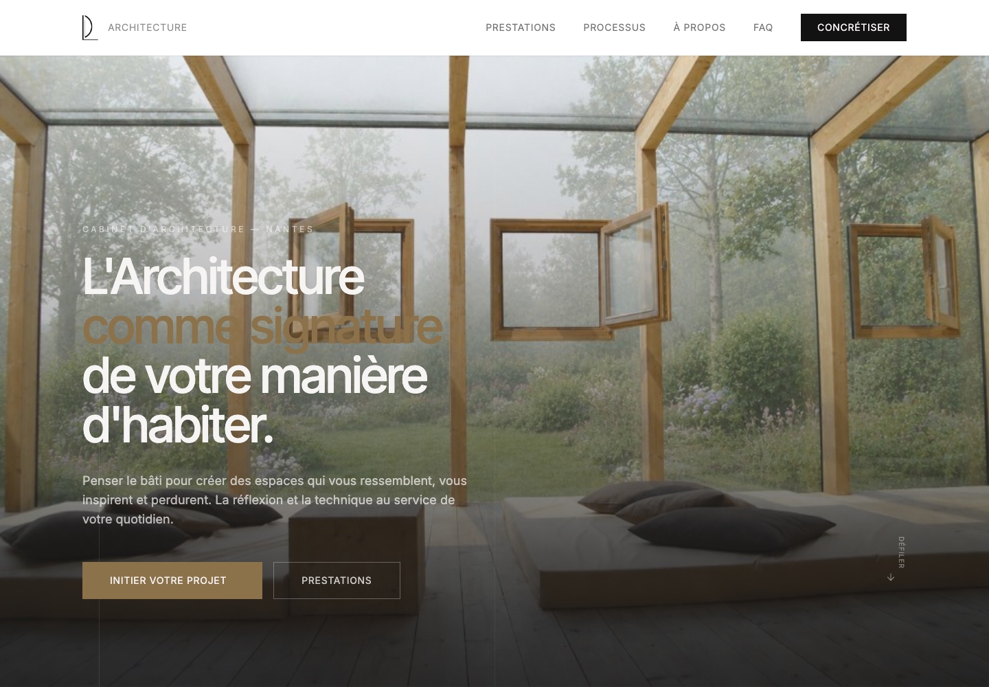 Version livrée du site LD Architecture sur ordinateur, mobile et dans une fiche projet