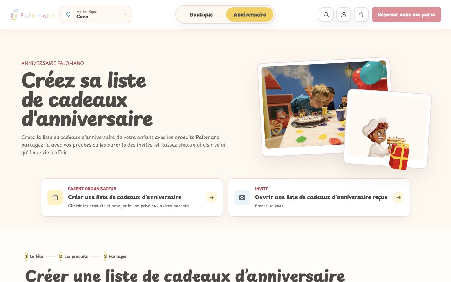 Page publique Palomano pour créer ou ouvrir une liste de cadeaux d’anniversaire