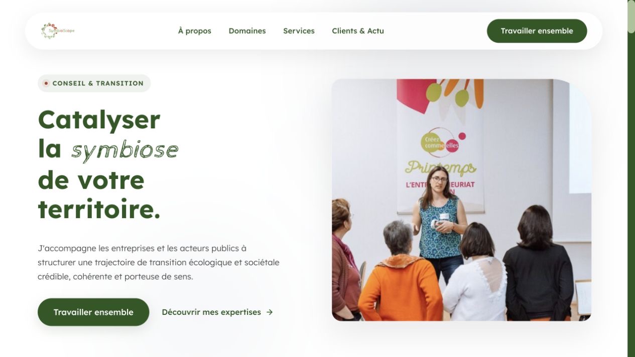 Page d’accueil SymbioScope présentant l’offre RSE et ses domaines d’intervention
