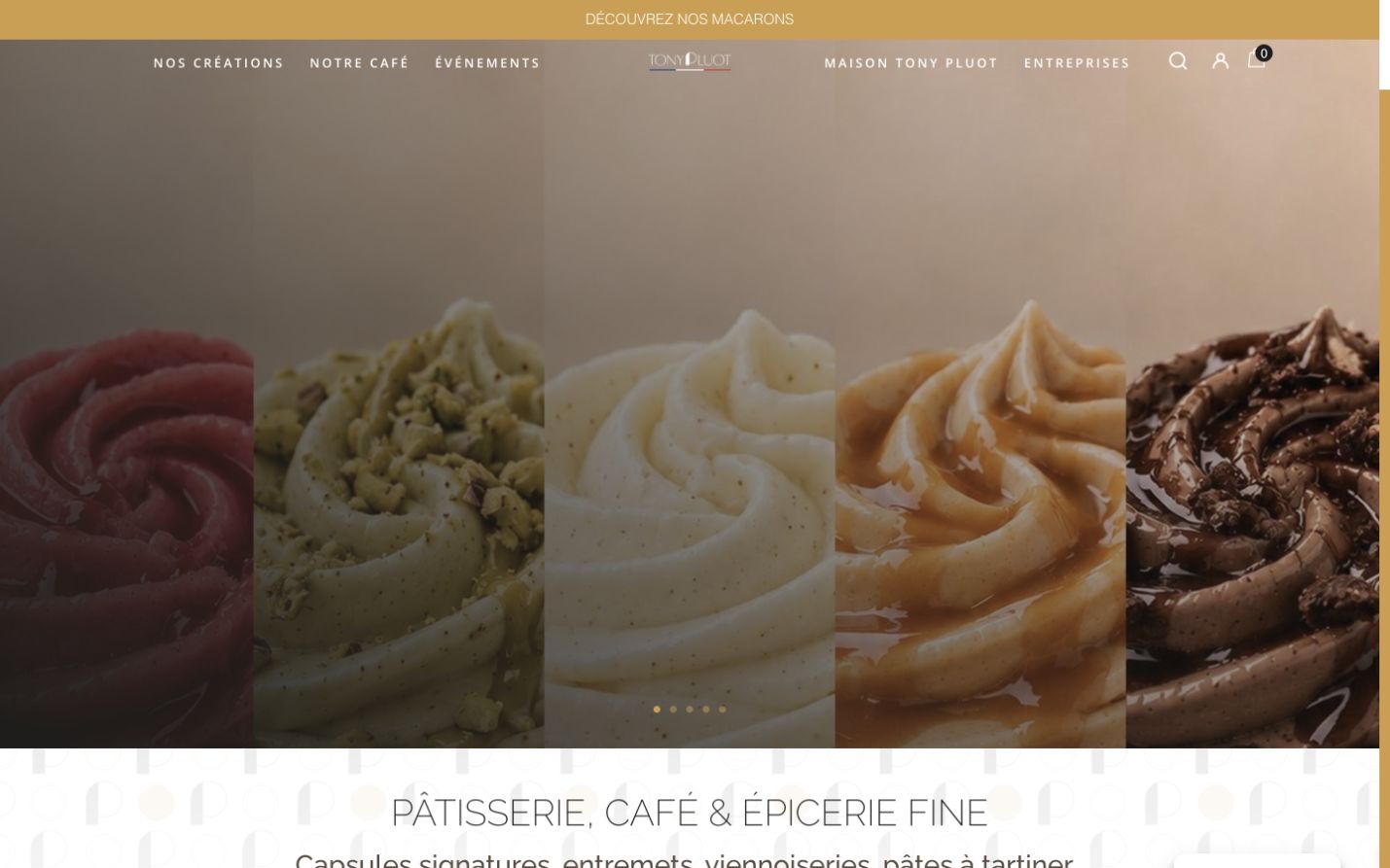 Page d’accueil de la pâtisserie Tony Pluot et détail d’une création